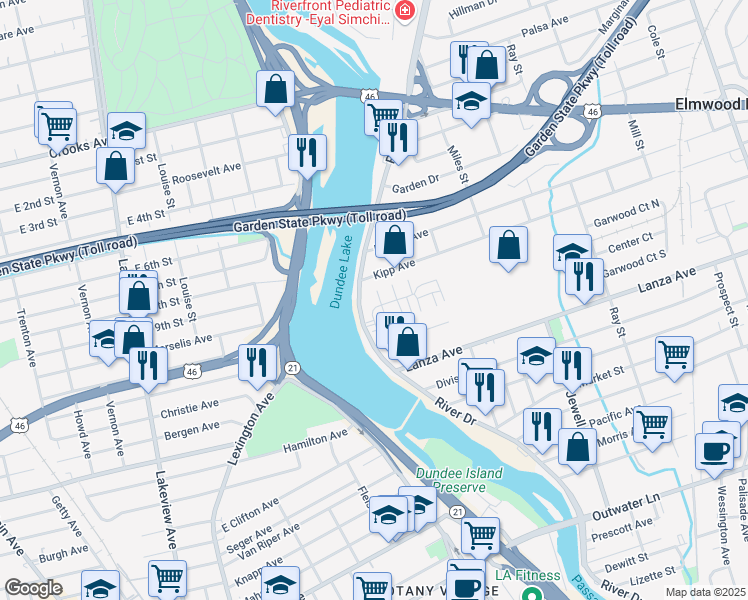 map of restaurants, bars, coffee shops, grocery stores, and more near 11 Clover Lane in Garfield