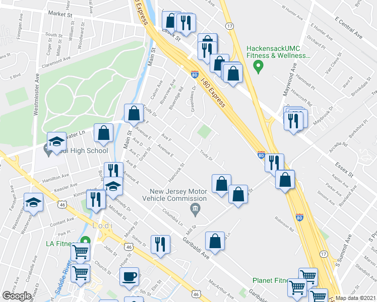 map of restaurants, bars, coffee shops, grocery stores, and more near 121 Avenue F in Lodi