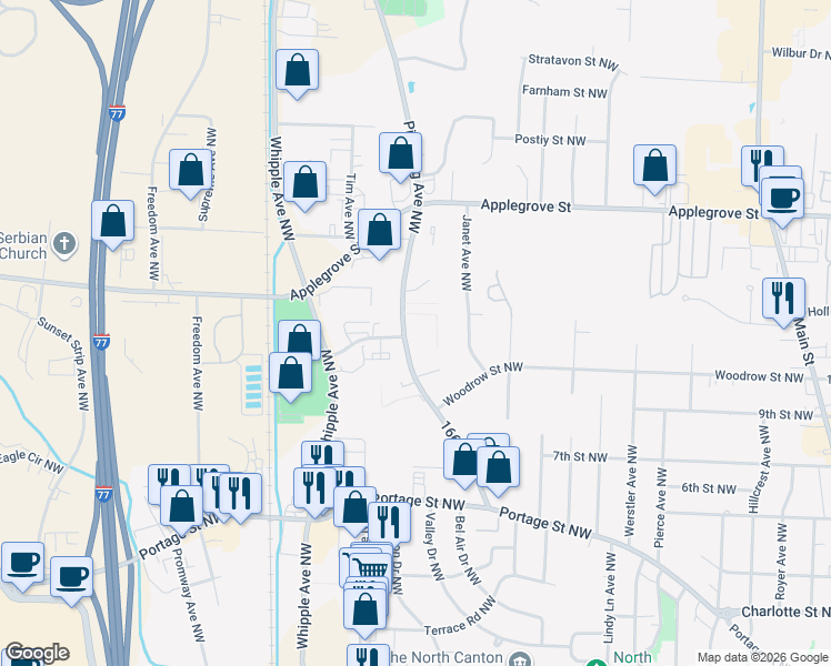 map of restaurants, bars, coffee shops, grocery stores, and more near 1034 Pittsburg Avenue Northwest in North Canton