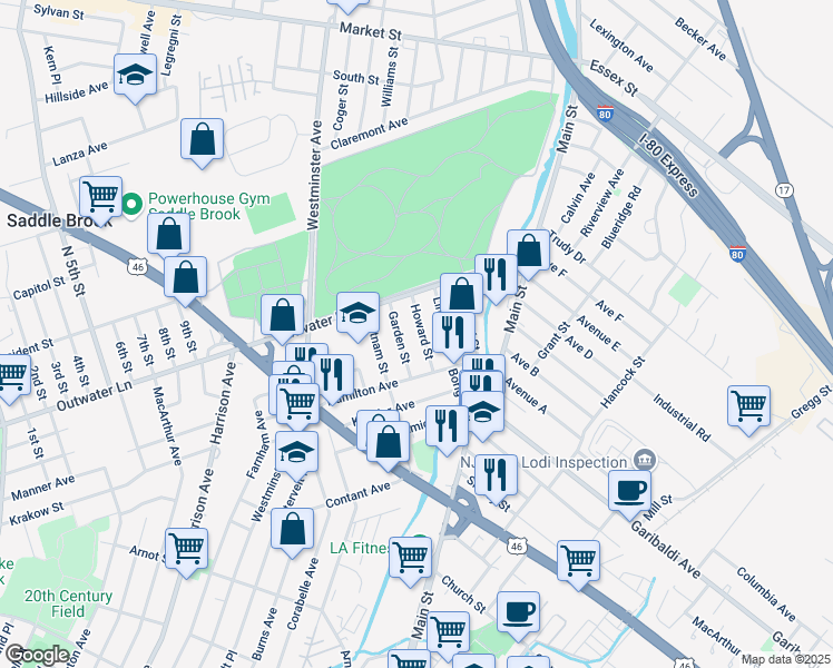 map of restaurants, bars, coffee shops, grocery stores, and more near 35 Howard Street in Lodi