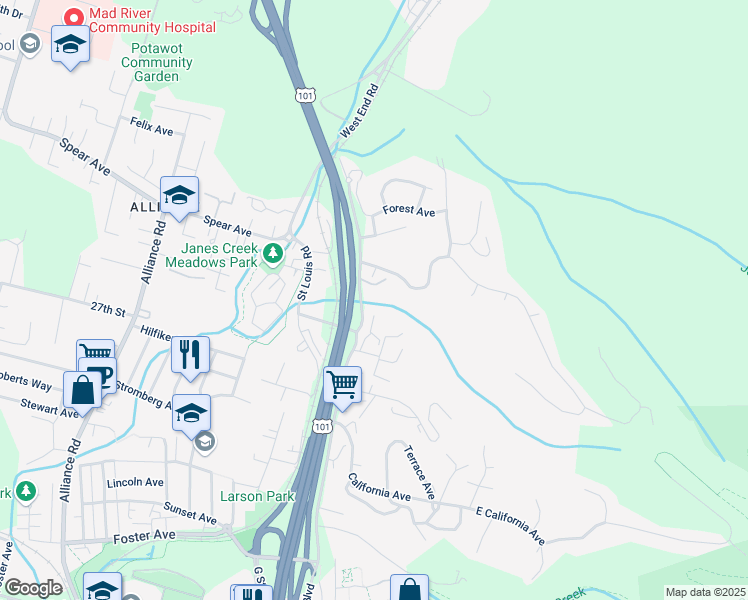 map of restaurants, bars, coffee shops, grocery stores, and more near 3946 L K Wood Court in Arcata