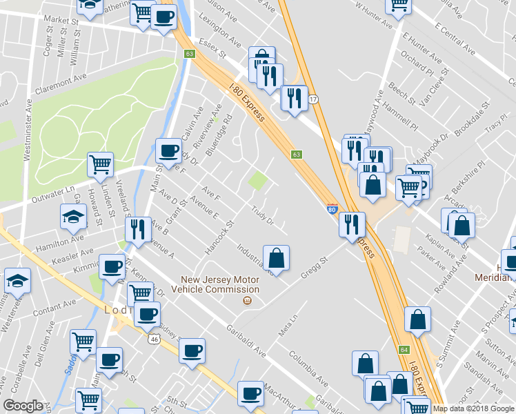map of restaurants, bars, coffee shops, grocery stores, and more near 65 Trudy Drive in Lodi