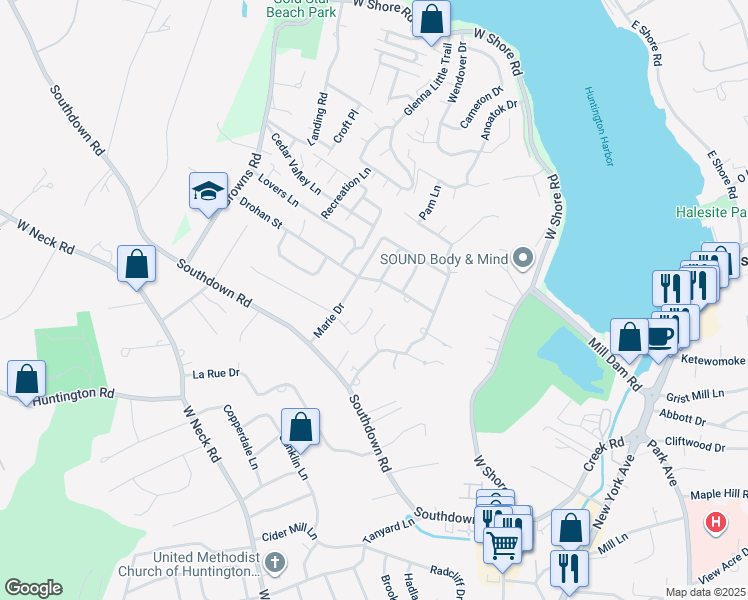 map of restaurants, bars, coffee shops, grocery stores, and more near 6 Sue Circle in Huntington