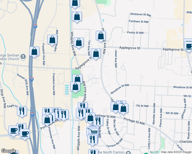map of restaurants, bars, coffee shops, grocery stores, and more near 3975 Batton Street Northwest in North Canton