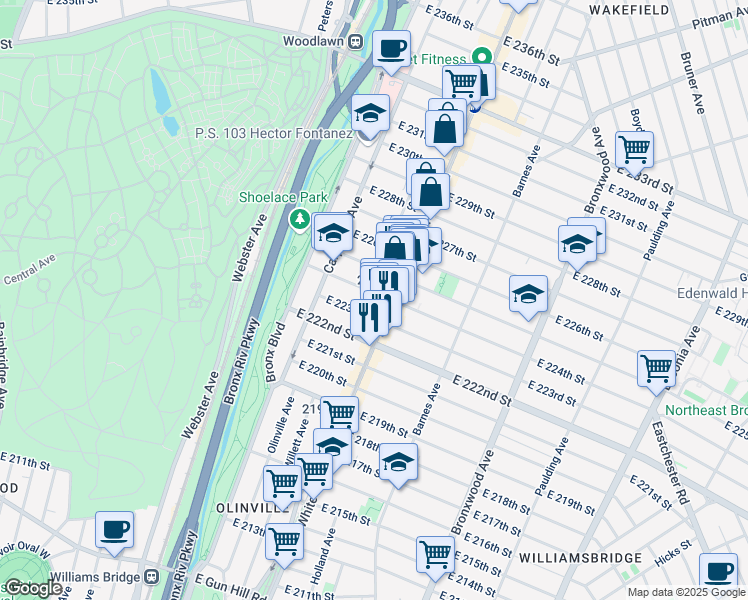 map of restaurants, bars, coffee shops, grocery stores, and more near 680 East 224th Street in Bronx