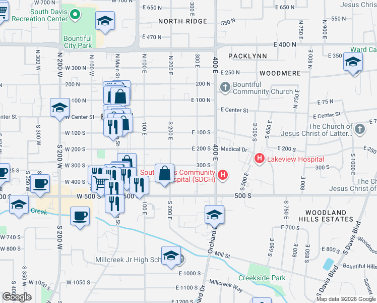 map of restaurants, bars, coffee shops, grocery stores, and more near 276 East 200 South in Bountiful
