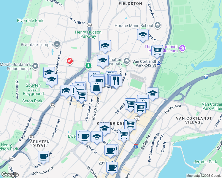 map of restaurants, bars, coffee shops, grocery stores, and more near 442 West 238th Street in Bronx