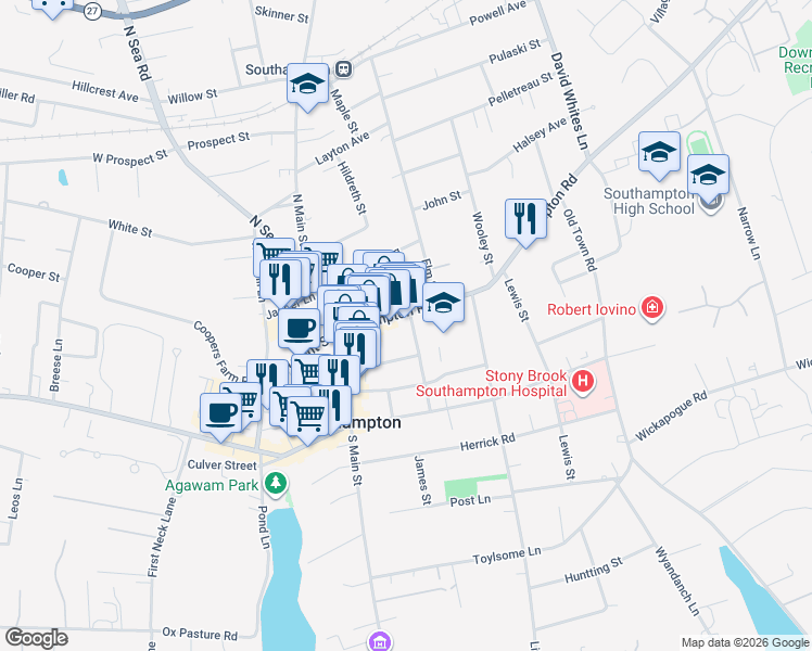 map of restaurants, bars, coffee shops, grocery stores, and more near 60 New York 27A in Southampton