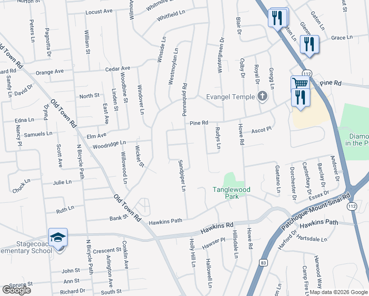map of restaurants, bars, coffee shops, grocery stores, and more near 56 Pennaquid Road in Coram