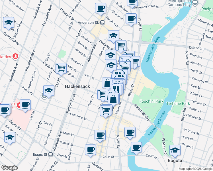 map of restaurants, bars, coffee shops, grocery stores, and more near 275 State Street in Hackensack