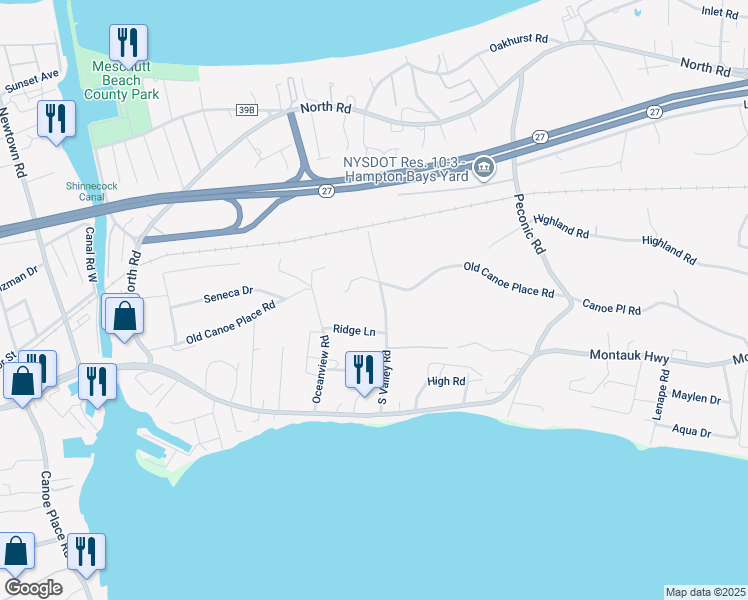 map of restaurants, bars, coffee shops, grocery stores, and more near 21 South Valley Road in Hampton Bays