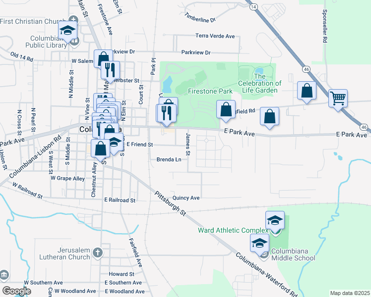map of restaurants, bars, coffee shops, grocery stores, and more near 319 East Friend Street in Columbiana