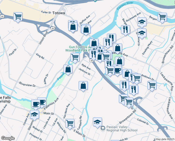 map of restaurants, bars, coffee shops, grocery stores, and more near 53 Harrison Street in Little Falls