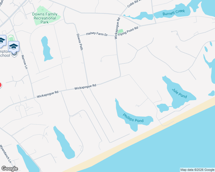 map of restaurants, bars, coffee shops, grocery stores, and more near 490 Wickapogue Road in Southampton