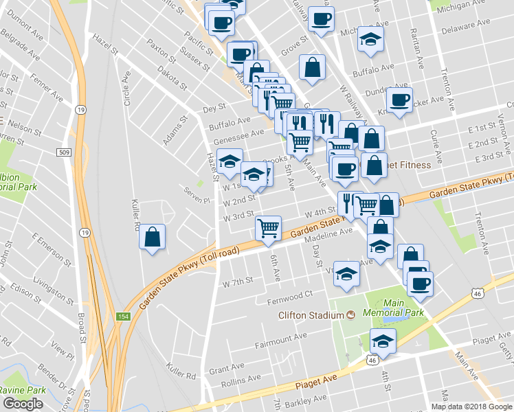 map of restaurants, bars, coffee shops, grocery stores, and more near 121 6th Avenue in Clifton