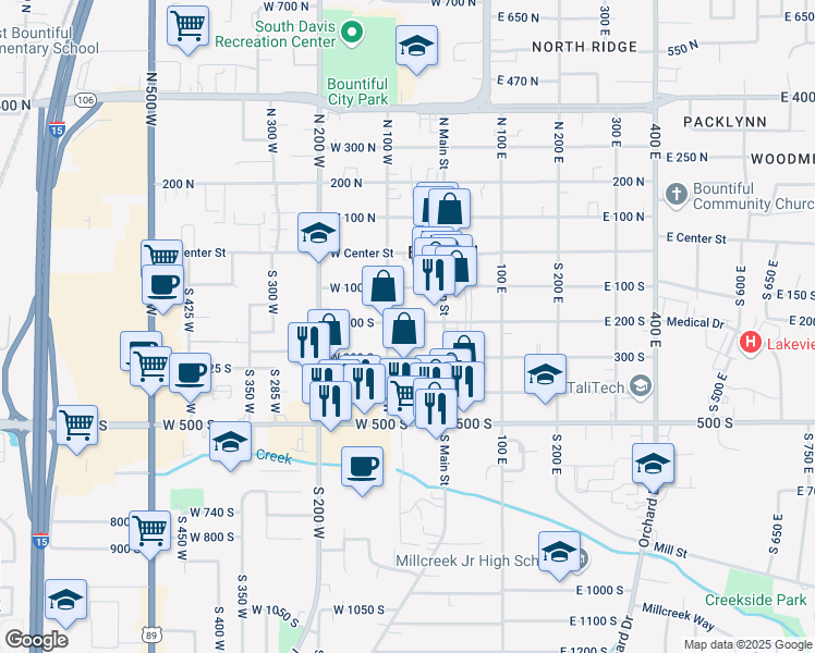 map of restaurants, bars, coffee shops, grocery stores, and more near 65 West 200 South in Bountiful
