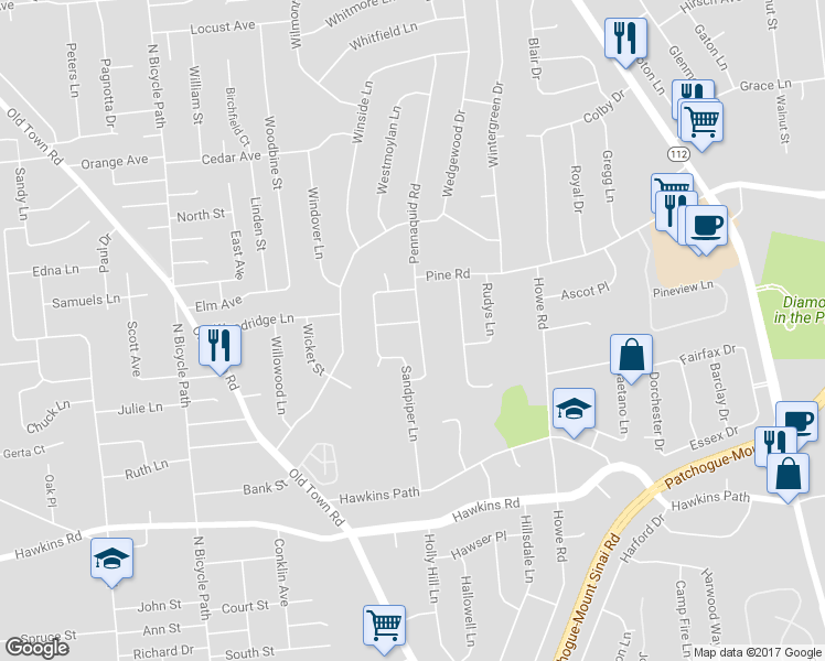 map of restaurants, bars, coffee shops, grocery stores, and more near 56 Pennaquid Road in Coram