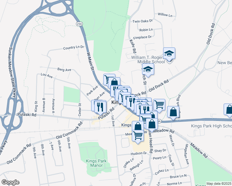 map of restaurants, bars, coffee shops, grocery stores, and more near 141145 Main Street in Kings Park
