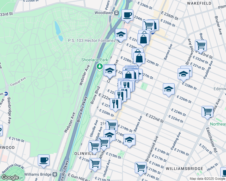 map of restaurants, bars, coffee shops, grocery stores, and more near 649 East 223rd Street in Bronx