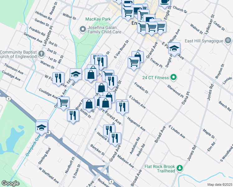 map of restaurants, bars, coffee shops, grocery stores, and more near 201 South Dean Street in Englewood