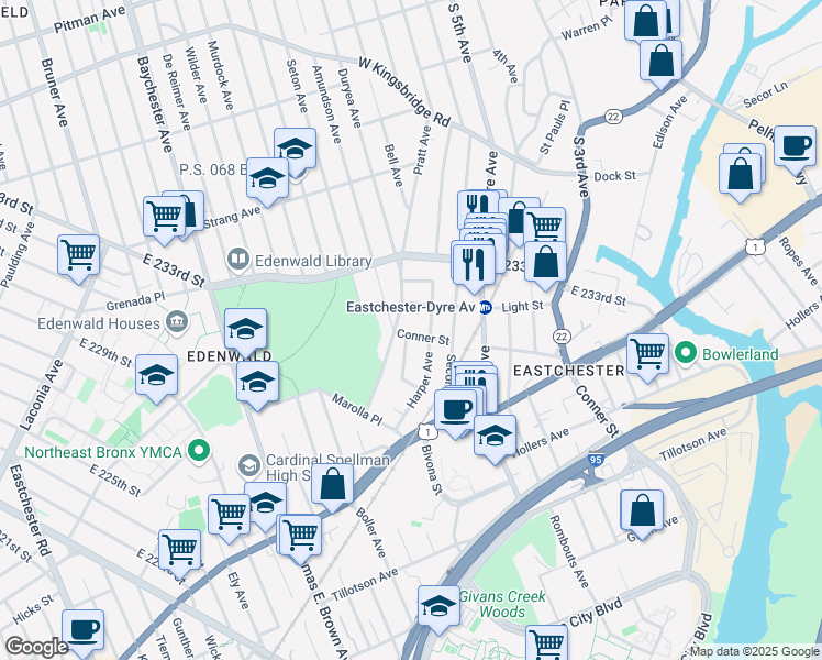 map of restaurants, bars, coffee shops, grocery stores, and more near 2115 Conner Street in The Bronx