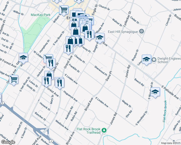 map of restaurants, bars, coffee shops, grocery stores, and more near 145 Maple Street in Englewood
