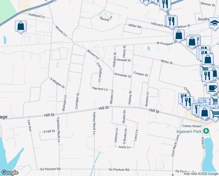 map of restaurants, bars, coffee shops, grocery stores, and more near 75 Moses Lane in Southampton
