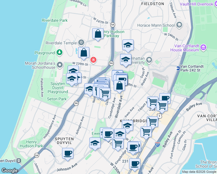 map of restaurants, bars, coffee shops, grocery stores, and more near 3625 Oxford Avenue in The Bronx