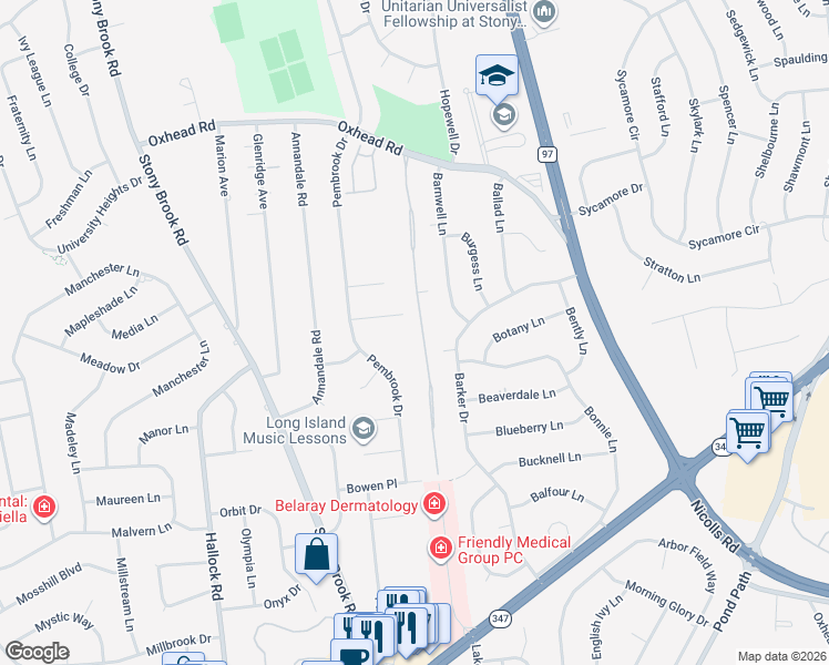 map of restaurants, bars, coffee shops, grocery stores, and more near 111 Knolls Drive in Stony Brook