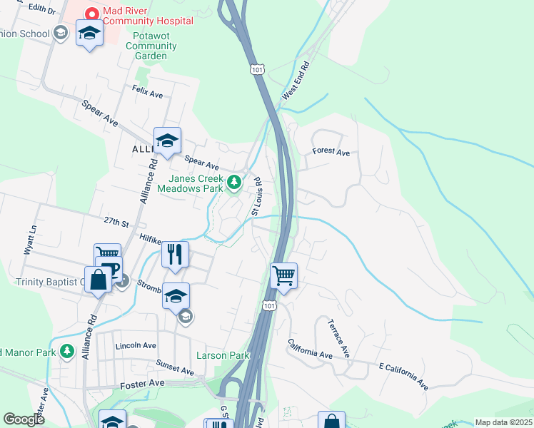map of restaurants, bars, coffee shops, grocery stores, and more near 3120 St Louis Rd in Arcata