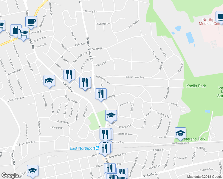 map of restaurants, bars, coffee shops, grocery stores, and more near 61 Crest Drive in East Northport