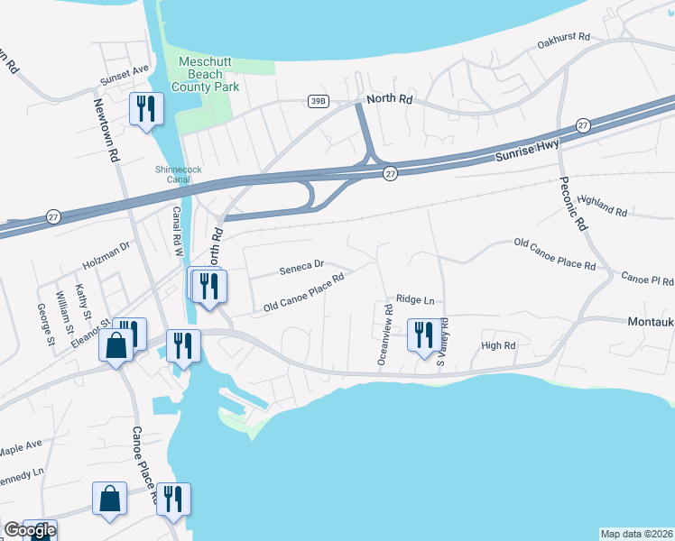 map of restaurants, bars, coffee shops, grocery stores, and more near 32 Old Canoe Place Road in Hampton Bays