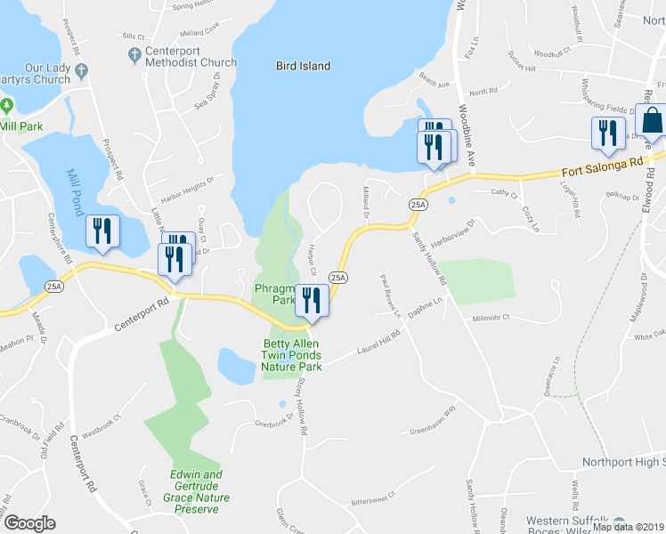 map of restaurants, bars, coffee shops, grocery stores, and more near 102 Fort Salonga Road in Centerport