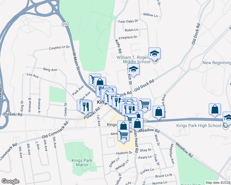 map of restaurants, bars, coffee shops, grocery stores, and more near 19 Old Dock Road in Kings Park