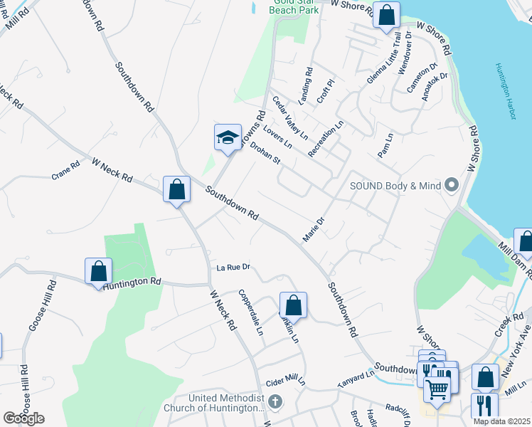 map of restaurants, bars, coffee shops, grocery stores, and more near 161 Southdown Road in Huntington