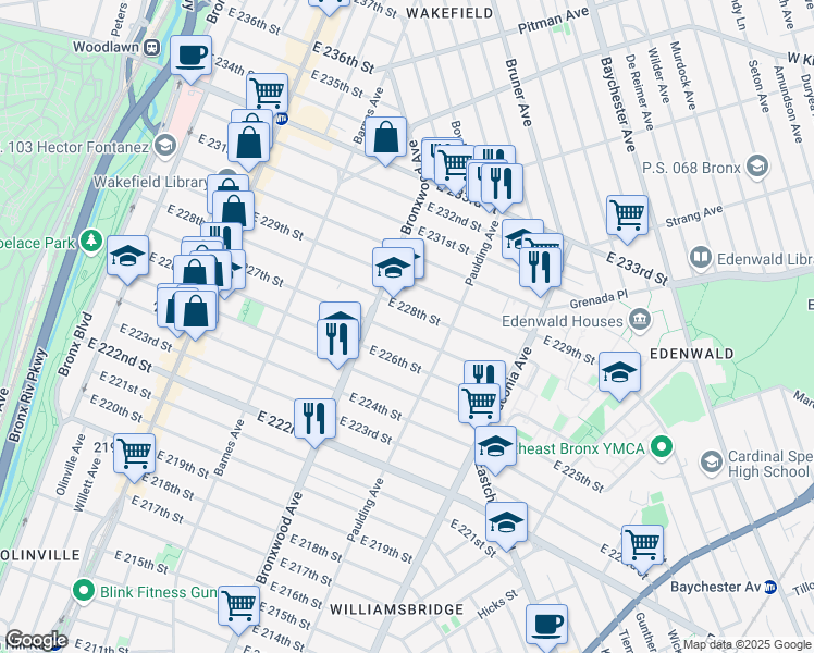 map of restaurants, bars, coffee shops, grocery stores, and more near 937 East 227th Street in Bronx