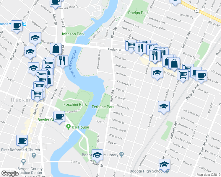 map of restaurants, bars, coffee shops, grocery stores, and more near 594 Kipp Street in Teaneck