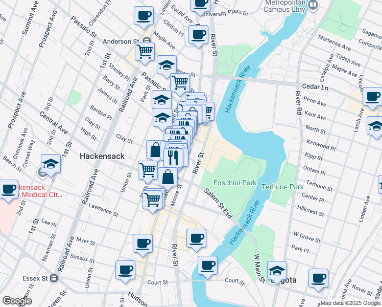 map of restaurants, bars, coffee shops, grocery stores, and more near 18 East Camden Street in Hackensack