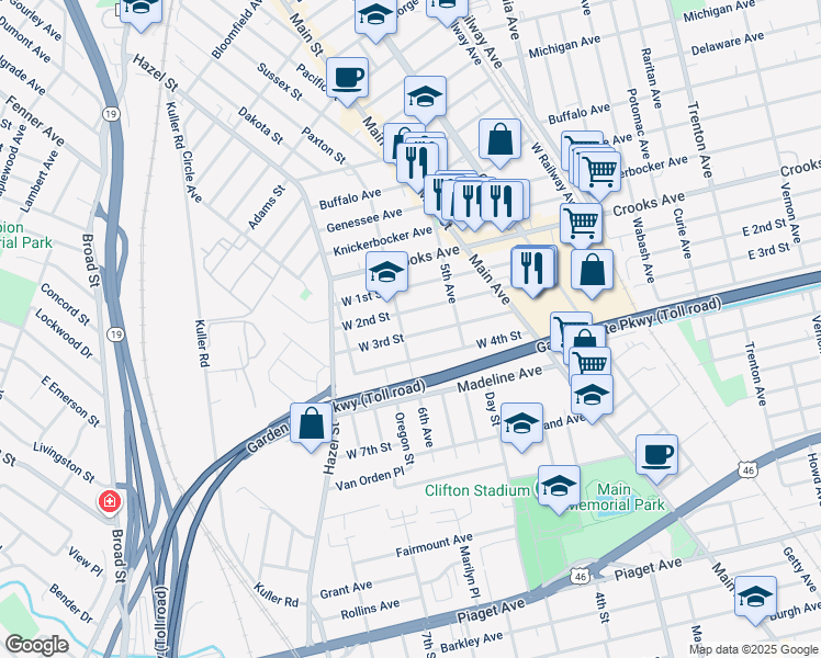 map of restaurants, bars, coffee shops, grocery stores, and more near 121 6th Avenue in Clifton