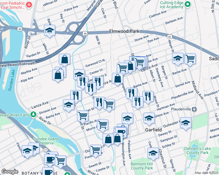 map of restaurants, bars, coffee shops, grocery stores, and more near 237 Division Avenue in Garfield