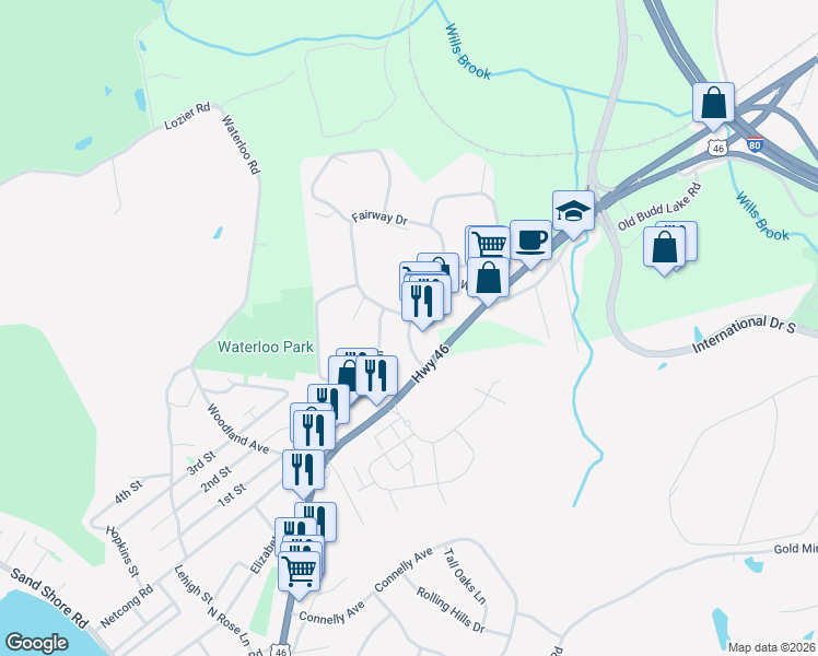 map of restaurants, bars, coffee shops, grocery stores, and more near 67-99 Village Way in Mount Olive Township
