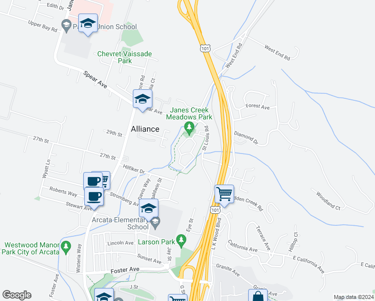 map of restaurants, bars, coffee shops, grocery stores, and more near 2750A Meadow Creek Way in Arcata