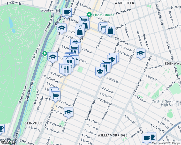 map of restaurants, bars, coffee shops, grocery stores, and more near in The Bronx