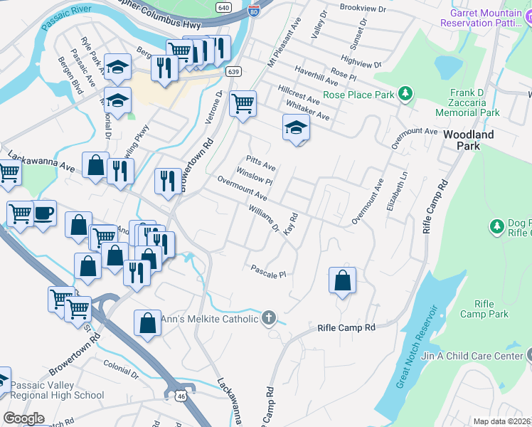 map of restaurants, bars, coffee shops, grocery stores, and more near 82 Williams Drive in Woodland Park