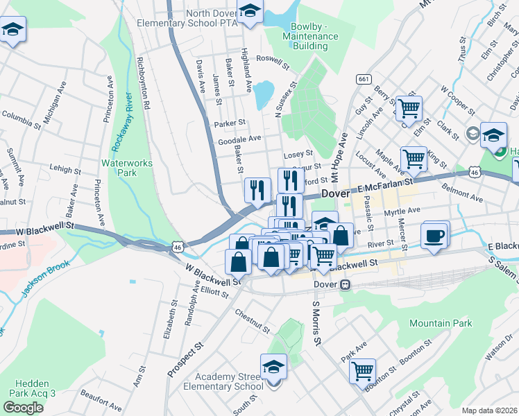 map of restaurants, bars, coffee shops, grocery stores, and more near 31 West Clinton Street in Dover