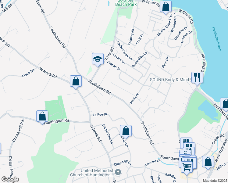 map of restaurants, bars, coffee shops, grocery stores, and more near 161 Southdown Road in Huntington