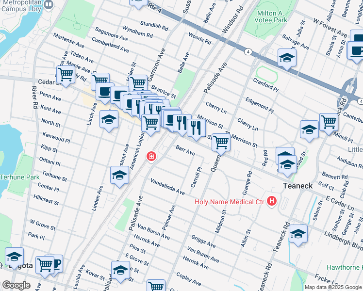 map of restaurants, bars, coffee shops, grocery stores, and more near 340 Barr Avenue in Teaneck
