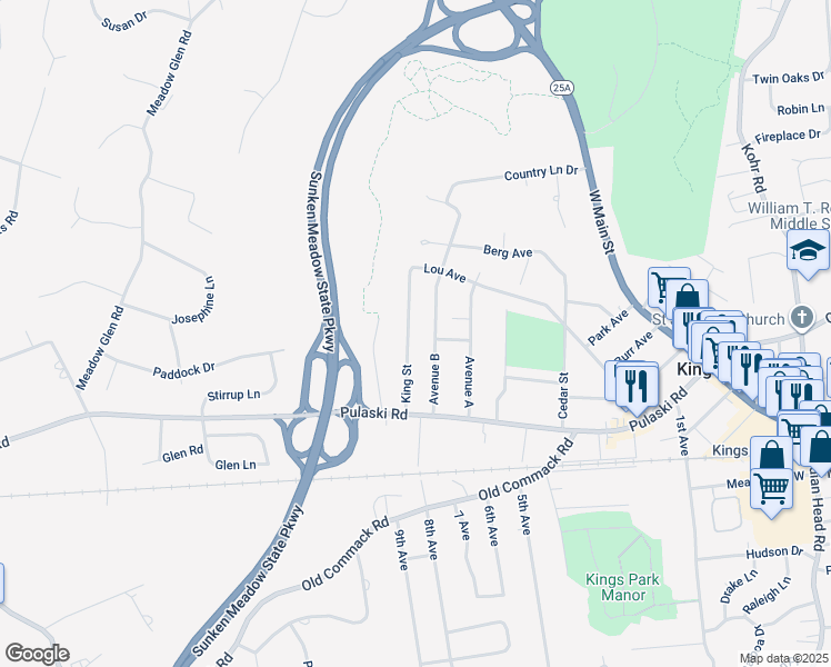 map of restaurants, bars, coffee shops, grocery stores, and more near 61 King Street in Kings Park