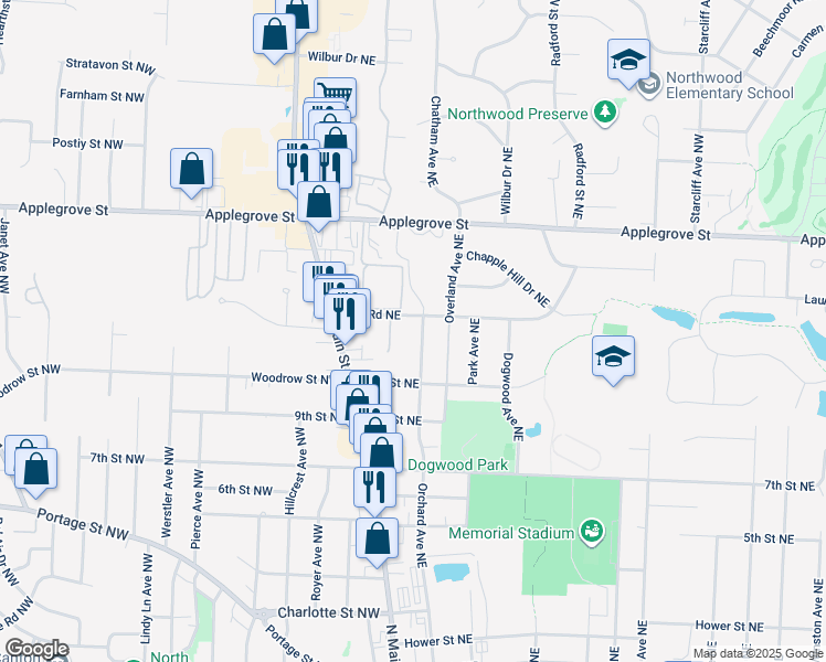 map of restaurants, bars, coffee shops, grocery stores, and more near 1045 Orchard Avenue Northeast in North Canton