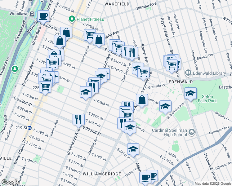 map of restaurants, bars, coffee shops, grocery stores, and more near 4041 Paulding Avenue in The Bronx